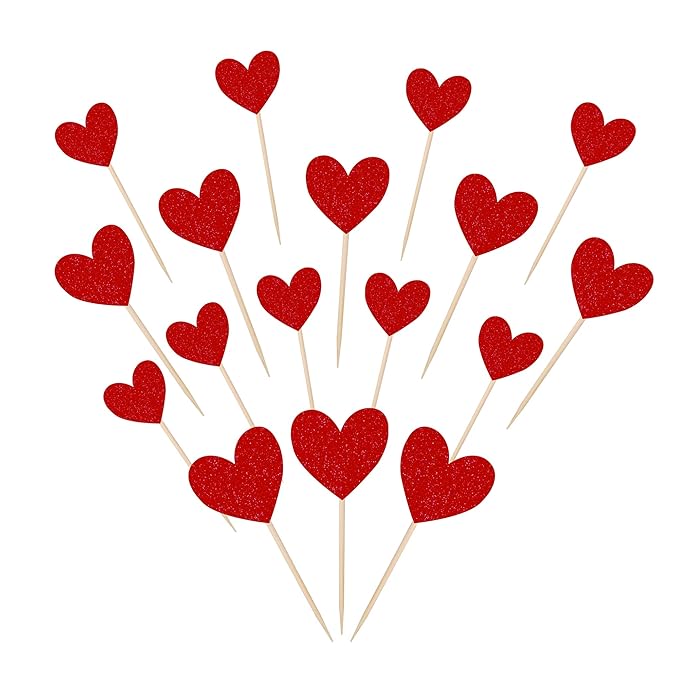 30 PCS Heart Cupcake Toppers Glitter Sweet Love Theme Cupcake Picks Wedding Engagement Bridal Shower Birthday Valentine's Day Party Cake Decorations Supplies Mixed Size Red