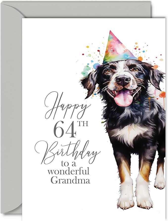 64th Birthday Cards for Grandma - Party Dog - Happy Birthday Card for 64 Year Old Grandma from Granddaughter Grandson, 5x7 Inch Bday Woman Women Her Greeting Cards Gift for Grandma Birthday Gifts