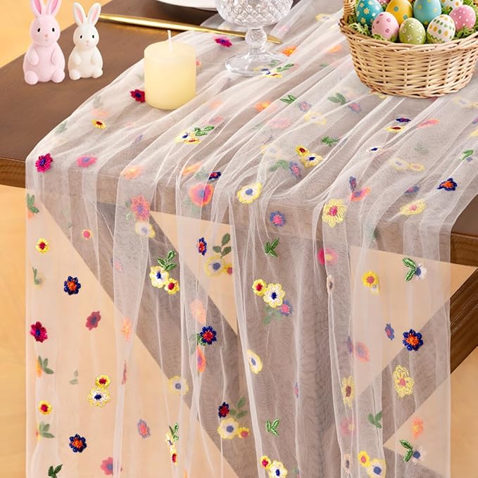 Socomi Embroidery Daisy Spring Easter Floral Wildflower Tulle Gauze CheeseclothTable Runners for Wedding Party Baby Shower Birthday Holiday Picnic Home Decor Ivory 3pcs