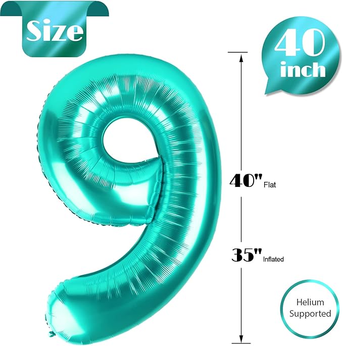 Teal Number 9 Balloon 40 Inch, 9 Balloon Number, 9th Birthday Decorations, Teal Party Supplies for Boys Girls