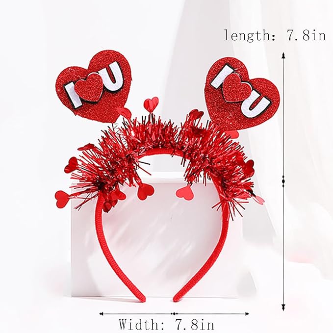 Valentines Headband with 3d Heart Designs Shiny Red Tassel Head Bopper Red Heart Headbands Sign Love Letters Headband for Valentines Lover Party Hair Accessory Supplies 1pcs