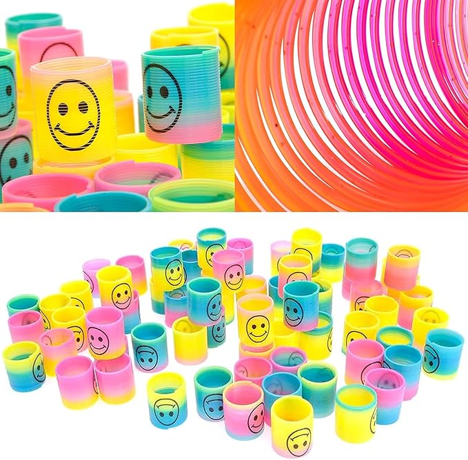 72 PCS Mini Emoticon Smile Happy Face Rainbow Springs Party Favors in Storage Bucket - Bulk Set of Plastic Magic Coil Stretch Stress Toys for Kids Birthdays, Carnival Prizes, Goodie Bag Stuffers