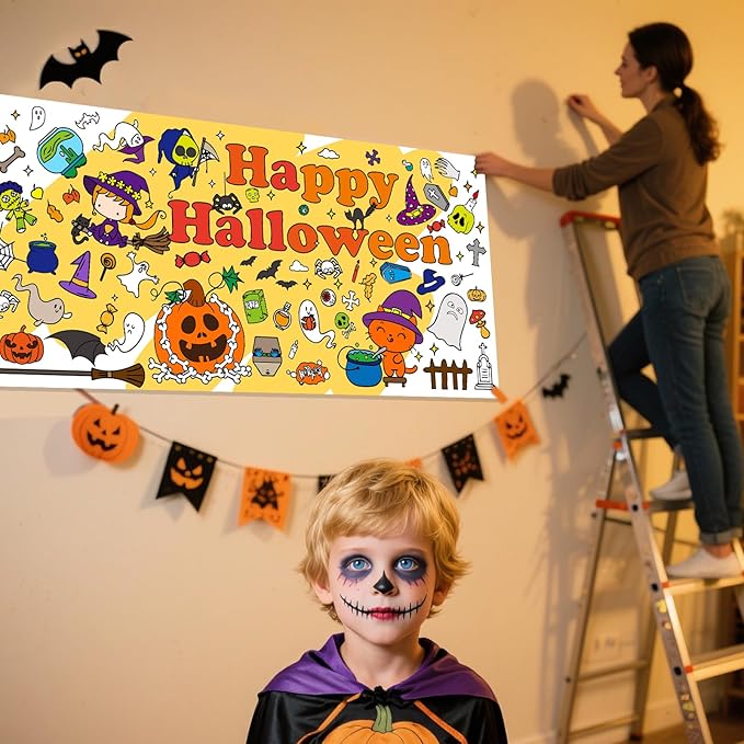 Halloween Giant Coloring Poster 30x72Inch Pumpkin Ghost Versatile Paper Coloring Banner/Table Cover DIY Art Crafts Mat,for Kids Halloween Decor Large Coloring Activity Poster Home Classroom Wall Party