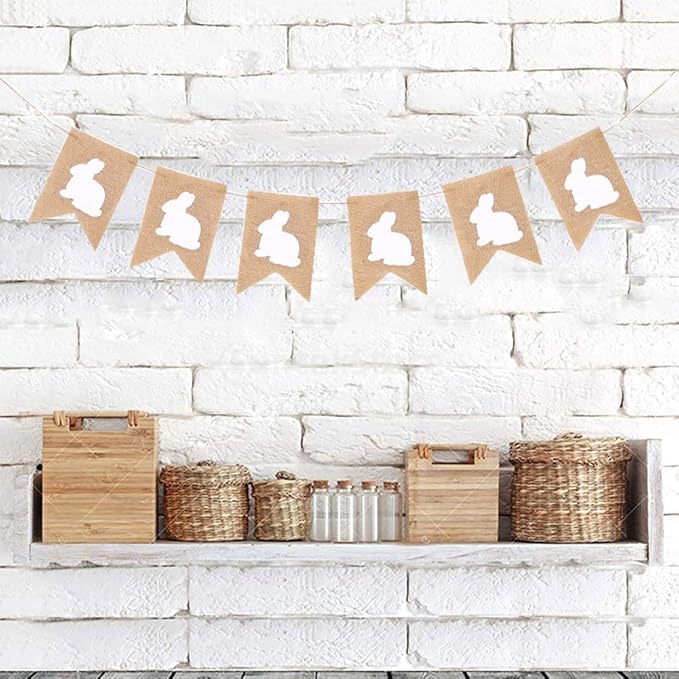 Easter Burlap Banners Decoartions, Rustic Rabbit Bunny Burlap Garland Banners for Easter Day Decorations Happy Easters Day Home Office School Party Supply