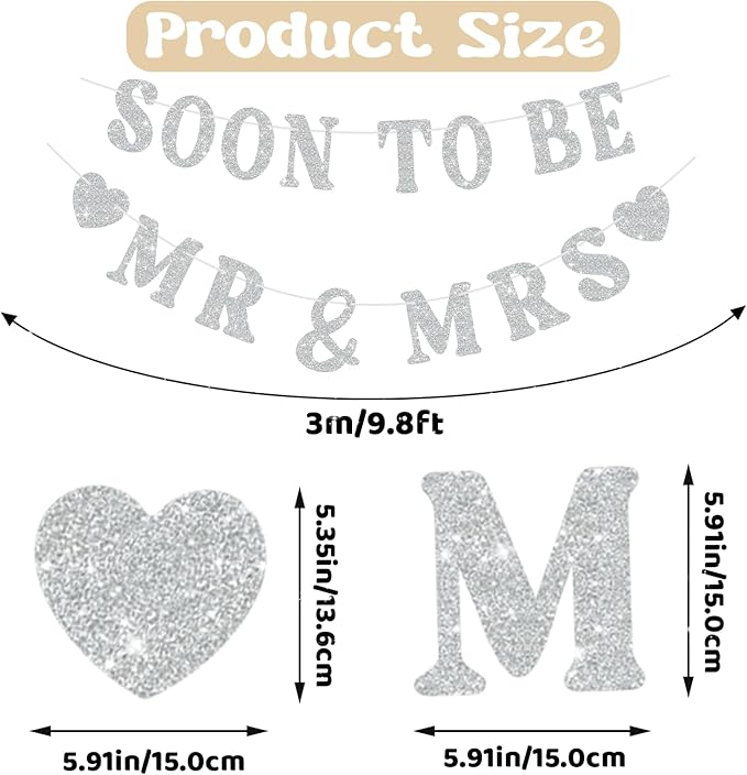 Soon To Be Mr & Mrs Banner for Bridal Shower Decorations, Pre-Strung Silvery Glitter Engagement Banner, Wedding Decorations for Home Party Mantle Hanging Sign Couples Shower Decorations
