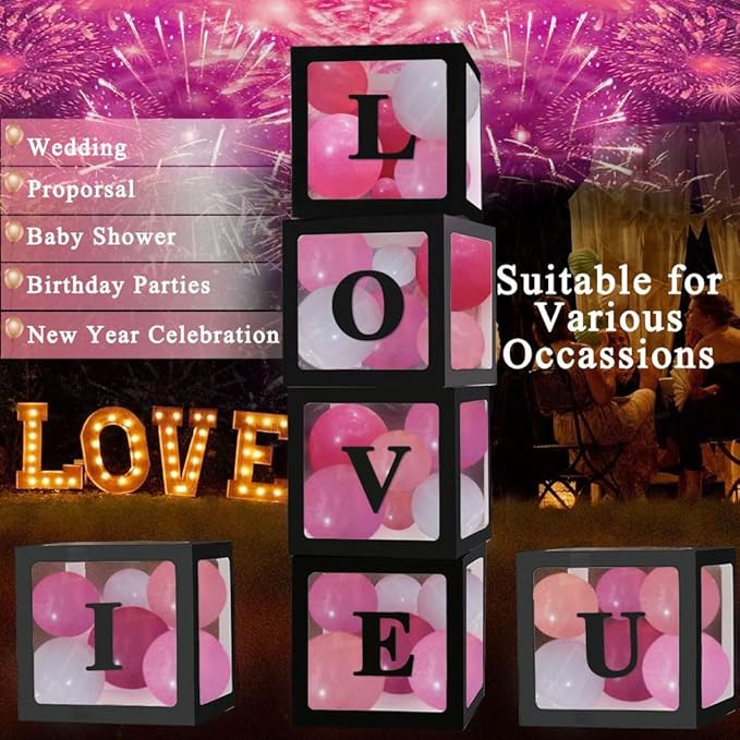 Ledido Black Transparent Balloon Boxes With 78 Letters, Letter Box for Baby Shower Clear Baby Box Black Balloon Boxes for Birthday, Bridal Shower, 2026 Graduation Prom Party Decoration, 6 PCS