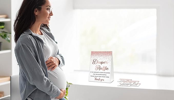 Diaper Raffle For Baby Shower, Pink Rose Gold Cards, 1 Sign & 50 Guess Cards Kit, Party Favors, Decorations, For Baby Shower Reveal Gender Game to Bring a Pack of Diapers - DIAPER-003