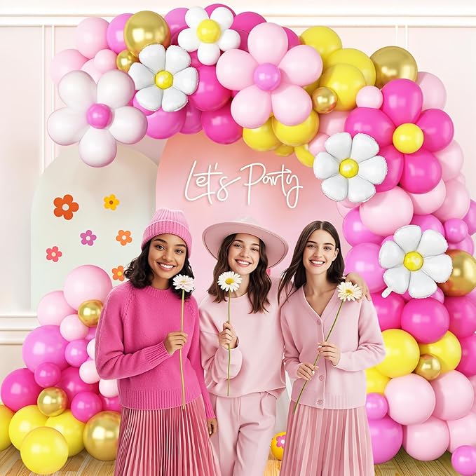 Yellow Pink Balloon Garland, Daisy Balloon Arch with Metallic Gold Party Flower Balloons For Birthday Baby Shower Wedding Groovy Theme Decorations