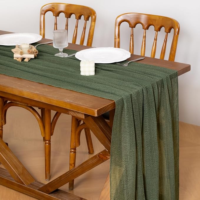 Socomi Green Cheesecloth Table Runner Olive Easter Spring Gauze 120 Inch Rustic Boho Cheese Cloth Runner for Wedding Party Baby Bridal Shower Centerpiece Decoration Holiday Home Decorations