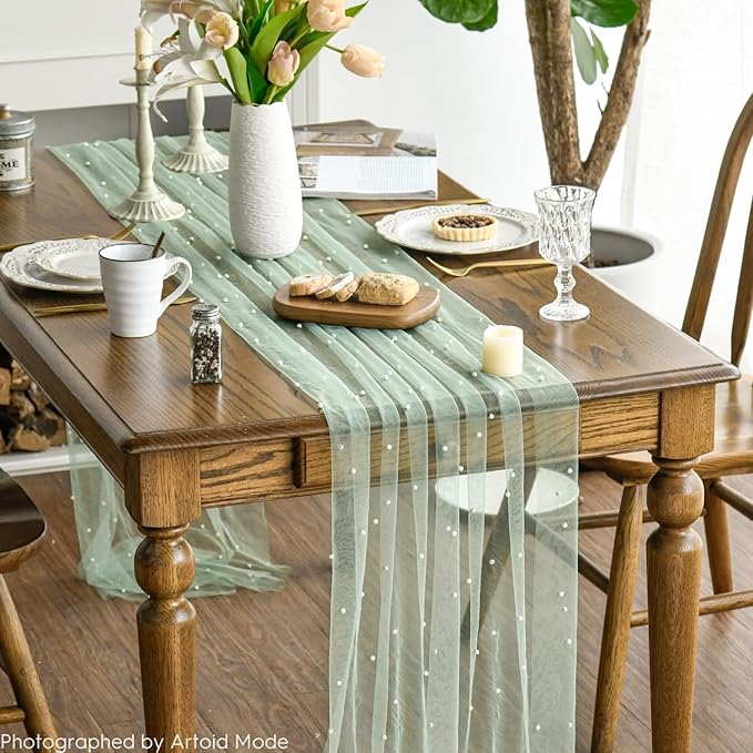 Artoid Mode 10PCS Pearl Grass Green Gauze Table Runner 120 Inch 10FT, Seasonal Sheer Dining Holiday Wedding Birthday Baby Shower Table Decor for Home Party
