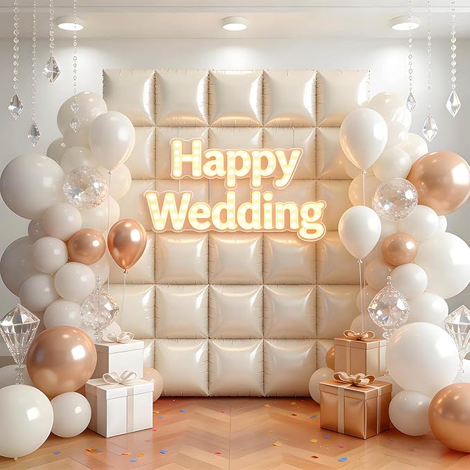 25Pcs Cream White Square Foil Balloons Wall Backdrop, Double Sided Metallic Foil Balloons Tunnel Arch Garland Kit for Photo Booth Birthday Wedding Graduation Halloween Party Decorations