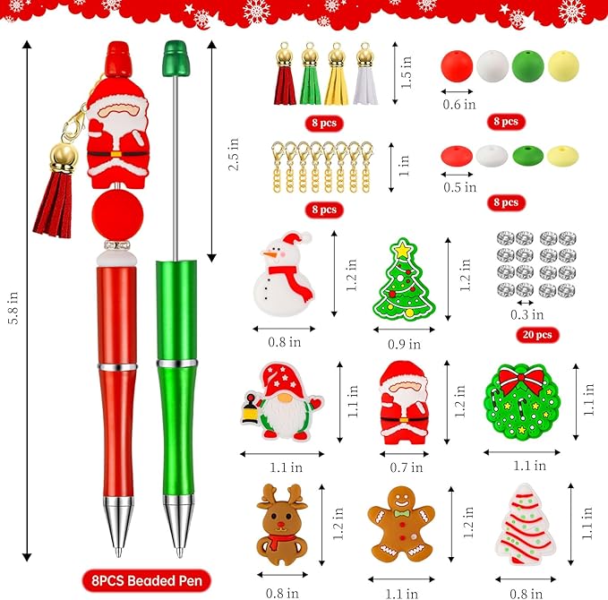CZWZ 8 Pcs Christmas Beadable Pens, Plastic Beadable Pens with Multicolor Silicone Beads, Christmas Snowman Pine Tree Floral Hoop Deer Pens for Christmas Office School Supplies