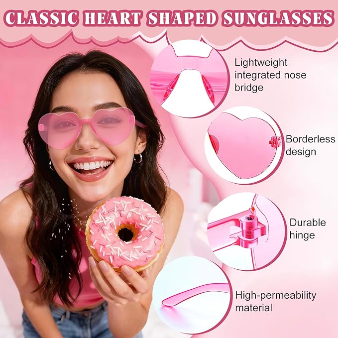 12Pcs Pink Heart Sunglasses, Cute Heart Glasses for Women - Rave Glasses Bachelorette Party Favors Galentines Day Decorations Pink Party Supplies Barbie Party Favors