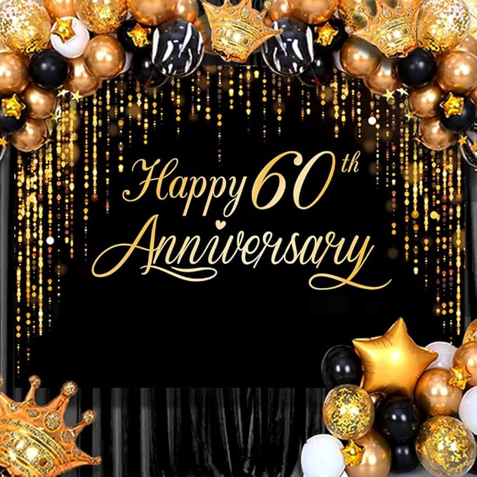 Happy 60th Annverisary Background Decorations Black Gold Backdrop Banner, Large Black Gold Photography Background Suitable for Wedding Anniversary Party Birthday Party Decoration 84 * 60''