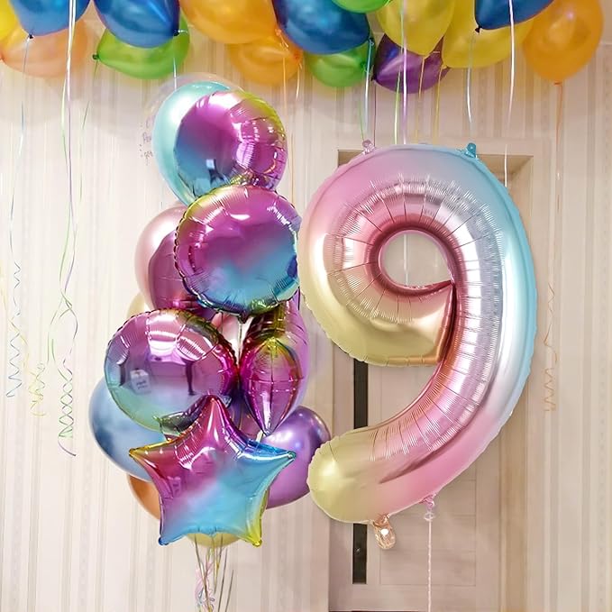 Rainbow Gradient Number 9 Balloon, 40 Inch Big Large Foil Number Balloons, Jumbo Mylar Number 9 Balloons for 9 Year Old Birthday Party Decorations Supplies Anniversary Celebration