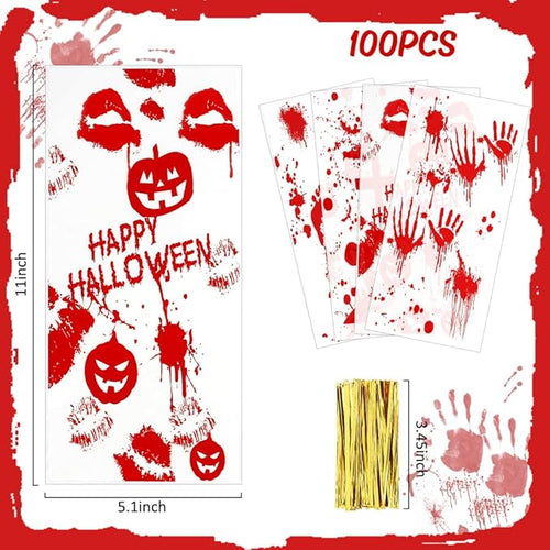 100 PCS Halloween Cellophane Treat Bags(5x11 Inch) with Ties Horror Ghost Blood Theme Trick or Treat Bag Goodie Candy Gifts Bags Pouches for Halloween Wicked Party Favors Supplies Birthday Decorations
