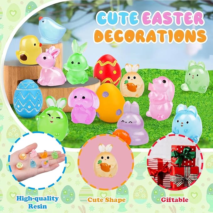 61Pcs Easter Luminous Mini Resin Figurines Miniature Figurines Tiny Small Easter Glow in The Dark Little Bunnies Chicken for Dollhouse Eggs Fillers Landscape Micro Garden Decoration Party Favors