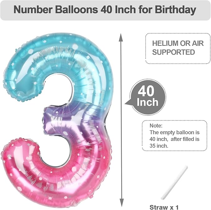 3 Birthday Balloon, 40 Inch 3 Year Old Balloon for Birthday Party Decoration, Pink Blue Purple Number 3 Ballon for 3, 13, 23, 30 Celebration, Boy and Girl Birthdays, Wedding, Anniversary Decor