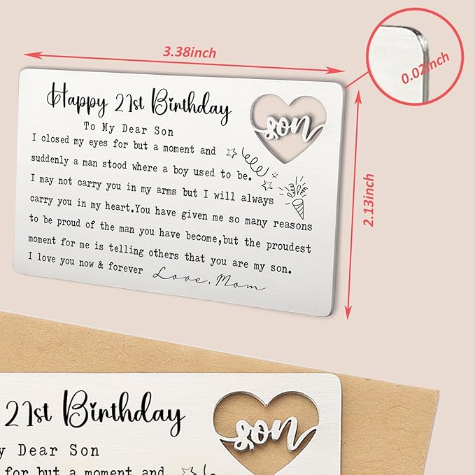 Happy 21st Birthday Wallet Insert for Son from Mom, Stainless Steel Laser-Engraved Postcard with Heart Cutout, Adult Son Birthday Gift, Sentimental Pocket Keepsake for Milestone Celebration QBK10