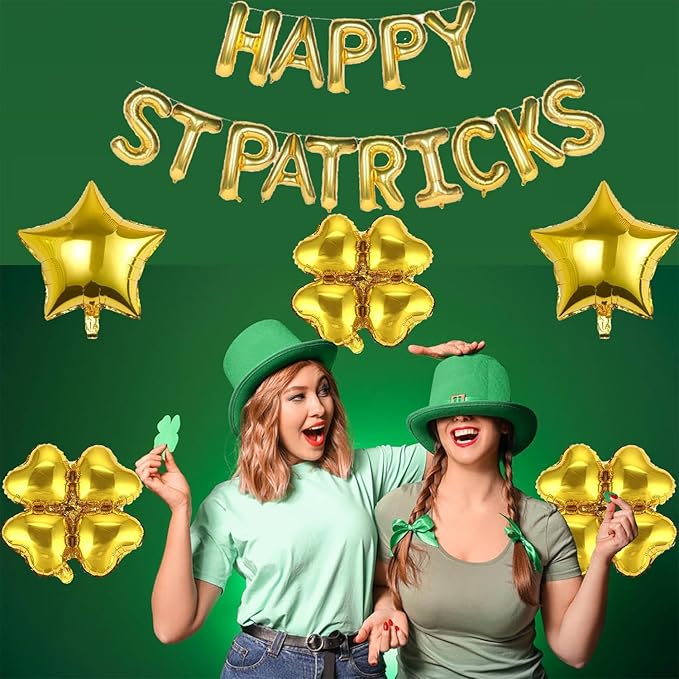 Gold Four Leaf Balloons Foil St. Patrick's Day Balloons Star Balloon for Spring Birthday Decorations Four-leaf Ballons St. Patrick's Day Decorations Party Supplies Arch Kits Party Balloon Sets 20pcs