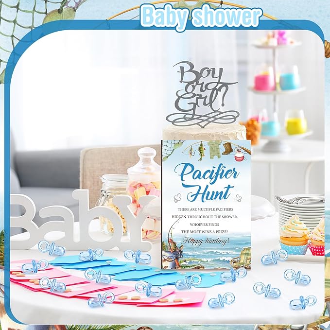 Thyle 51 Pcs Fishing Pacifier Hunt Baby Shower Games a Little Fisherman Is on The Way Theme Baby Shower Game Decoration Include Hunt Sign and Acrylic Pacifiers Fish Themed Gift Sets for Gender Reveal