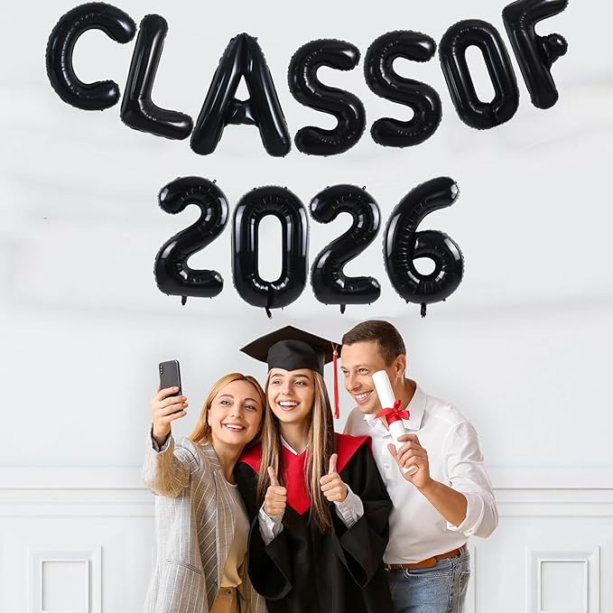 TONIFUL Black Class of 2026 Graduation Balloon Banners Foil Balloons Decorations 2026 Congrats Grad Balloons for Class of 2026 Congratulation Graduations Party Supplies