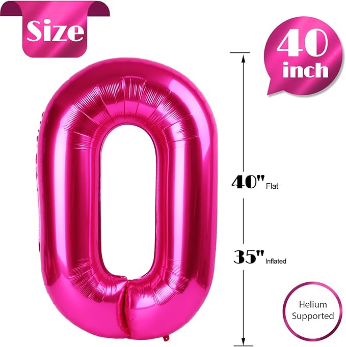 Hot Pink Number 0 Balloon 40 Inch, 0 Balloon Numberfor 10th 20th 30th 40th 50th 60th Birthday Decorations, Hot Pink Party Supplies for Men Women