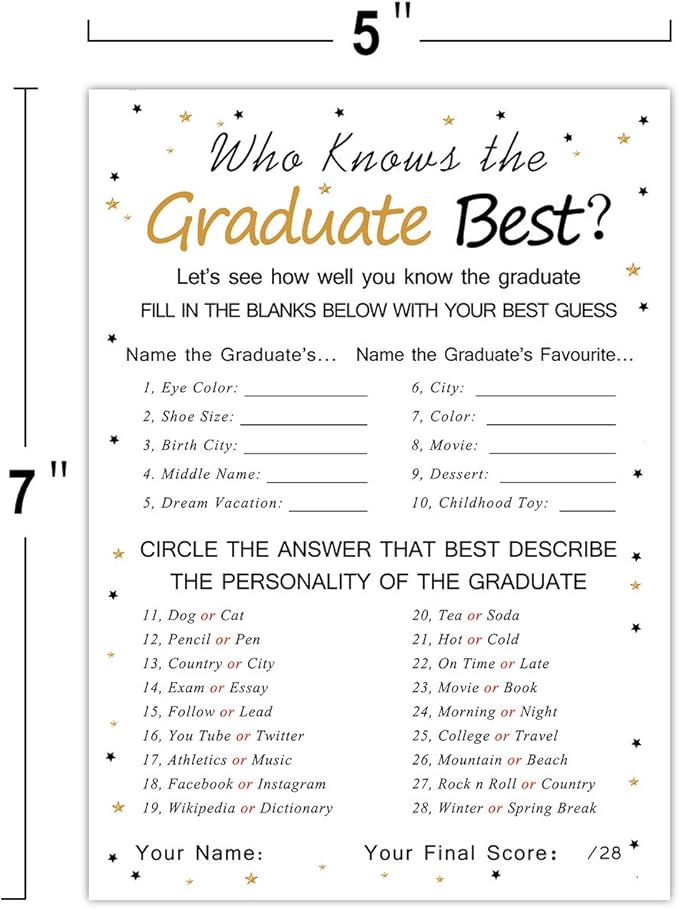 Fibevon Graduation Party Game Cards - Who Knows The Graduate Best (36-Pack)- Graduation Party Collection Grad Celebration Party Supplies for High School/College/Senior School