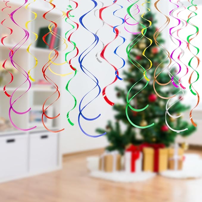 Gold Ceiling Swirl Foil Decorations Hanging Plastic Streamer Themed Swirl Party Decoration for Wedding Thanksgiving Day Graduation Celebration, Pack of 28