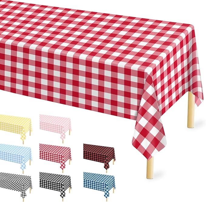 4 Pcs Red Checkered Tablecloth 54 ×108 Inches Rectangle Red Gingham Tablecloth Disposable Plastic Waterproof Table Cover for Outdoor Picnic, Kitchen, Holiday Birthday Party