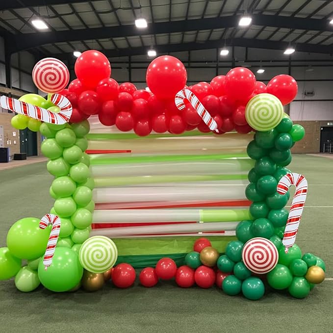 Christmas Balloon Arch, Red Green Xmas Balloon Garland Kit with Foil Candy Cane Lollipop Swirl Candy Balloons, Red Dark Lime Green Balloons for Merry Christmas Party New Year Holiday Birthday Decor
