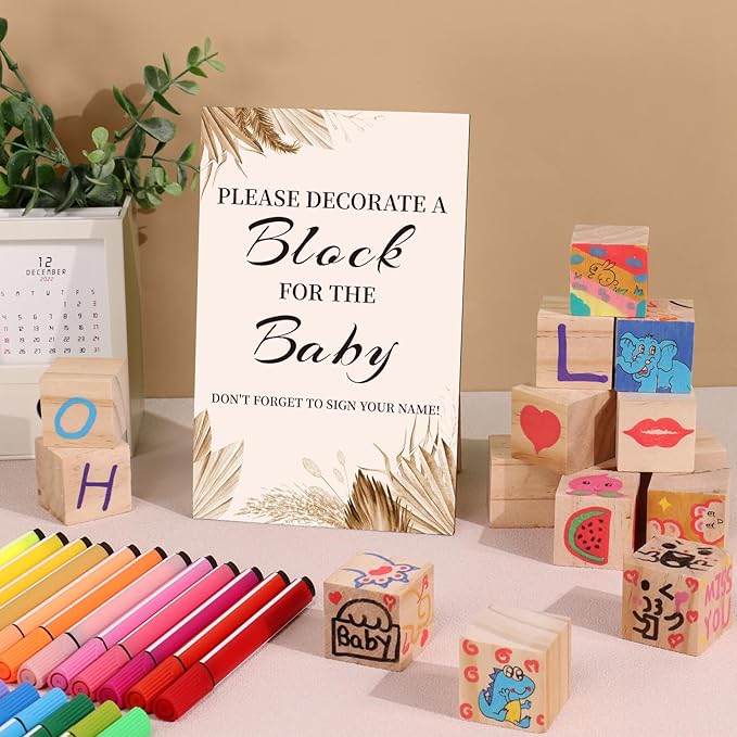 Baby Shower Games Sign Kit with 50 Blank Wooden Blocks, 24 Acrylic Paint Marker and Wooden Sign, Blocks for Baby Shower Games, Gender Reveals Party (Boho)