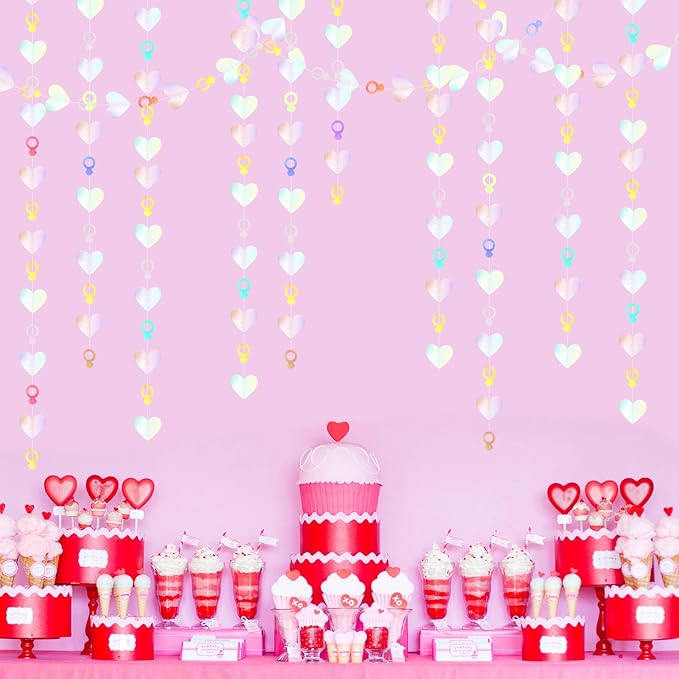 Engagement Bachelorette Party-Decorations Iridescent Heart-Ring Garland - 52Ft Holographic Disco Wedding Paper Streamers Banner,Valentines Day Galentines Proposal Decor Lasting Surprise