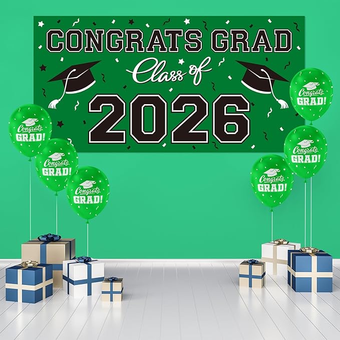 2026 Graduation Party Plastic Backdrop - 65" x 32.7" Congrats Grad Banner in Green, Large Class of 2026 Decorations, Photography & Grad Party Supplies