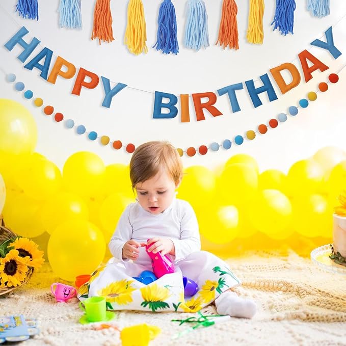 Pre-Strung Happy Birthday Banner Blue and Orange Party Decorations Felt Ball Garland Sign for Blue Dog Birthday Party Décor