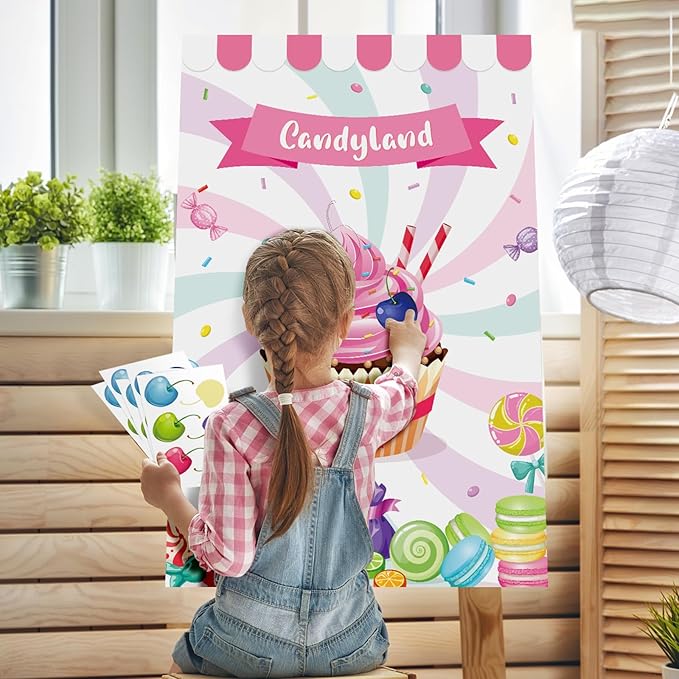 Pin The Cherry on The Cupcake Game for Kids Birthday Pin Game Girls Birthday Party Games Candy Land Party Decorations, Large Candyland Game Poster with 36 Cherry Stickers Candyland Party Favors