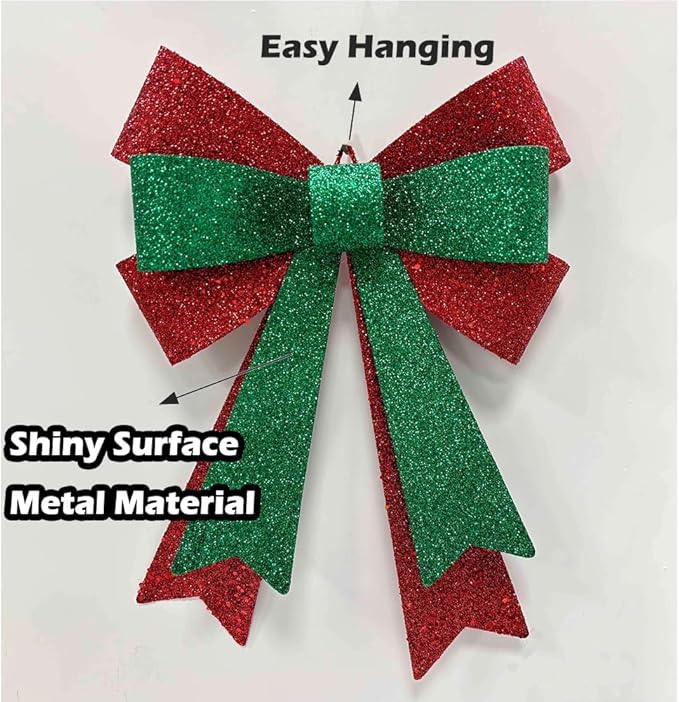 Metal Sparkly Christmas Red Bow Wall Decoration Hanging Xmas Red Bow for Wreath Christmas Tree Topper Ornaments Outdoor Indoor Christmas Decorations for Party Front Door Porch Home