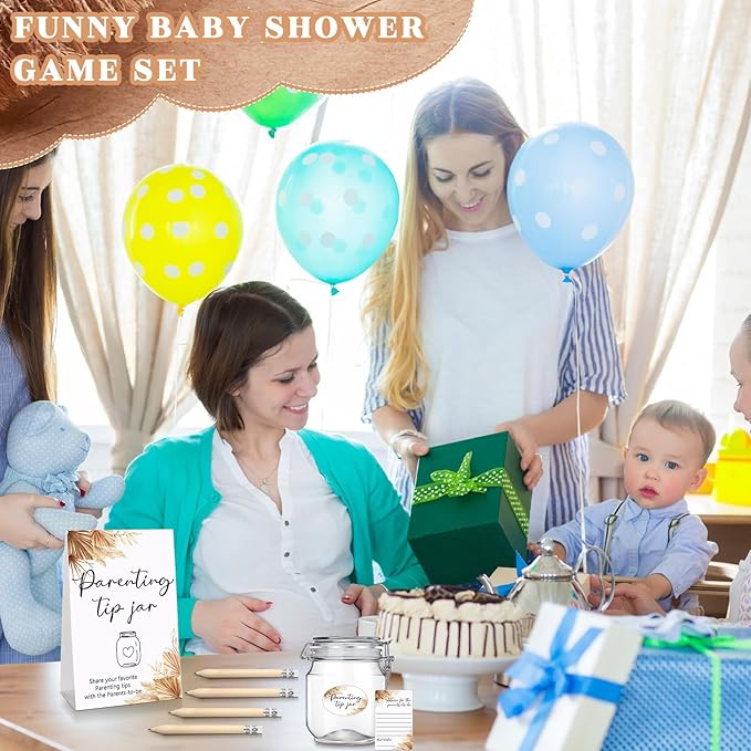 Roowest Baby Shower to Baby Advice Cards for New Parents to Be - Tip Jar Sign for New Parents 60 Parenting Advice Cards 10 HB Pencils 2 Cute Stickers 1 Pet Bottle for Guests Games(Boho)