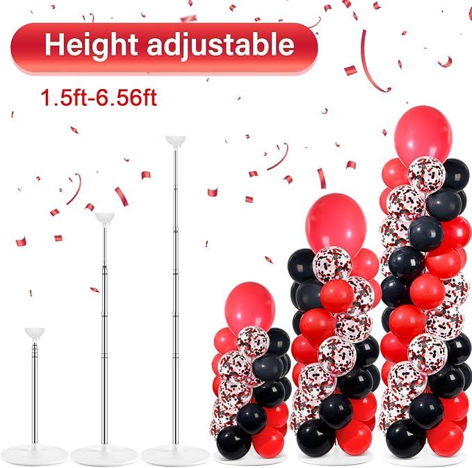 2 Sets Red and Black Balloon Column Stand Kit with 100 Balloons Adjustable Balloon Tower Stand with Bases for Floor Confetti Balloons Column Kit for Graduation Birthday Appreciation Party Decor