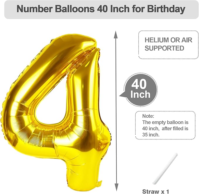 Numbers Balloon, 40 Inch Foil 4 Balloons for Birthday Party Decoration, Gold Number 4 Ballon for 4, 14, 24, 40 Celebration, Birthday, Christmas, Anniversary Decor