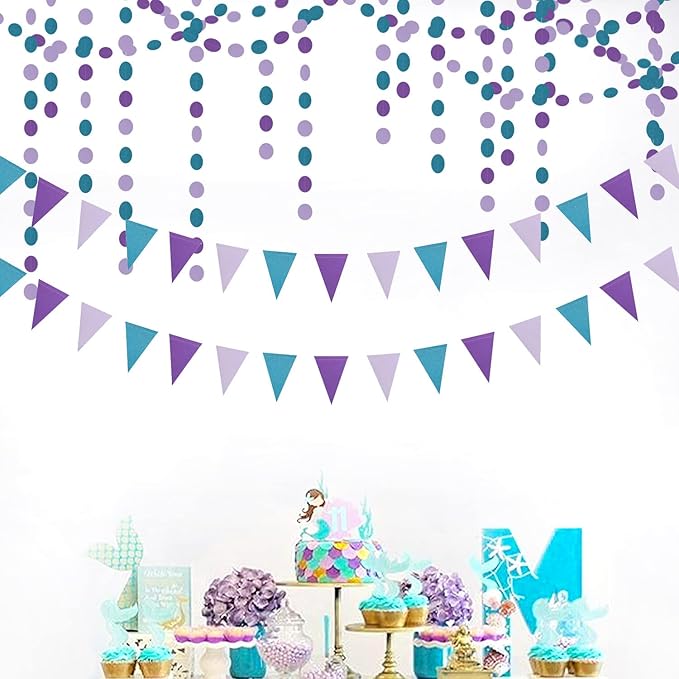 Mermaid Party Decorations Pennant Banner - 2 Pack Glitter Purple Blue Under The Sea Paper Triangle Flags Garland, Little Mermaid Theme Girls Birthday Wedding Baby Shower Party Bunting Panduola