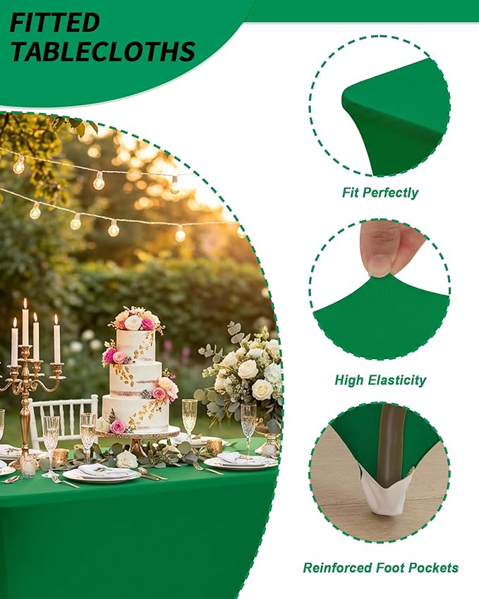 Fixwal 3 Pack Green Table Cloth for 6 Foot Rectangle Tables,Rectangular Tablecloths Stretch Spandex Fitted Table Covers 6 Ft for Parties, Trade Shows, Banquet, Buffet