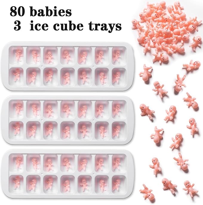 My Water Broke Baby Shower Game with 80 Mini Plastic Babies, 3 Ice Cube Trays and 1 Sign, Used for Ice Baby Shower Games, White