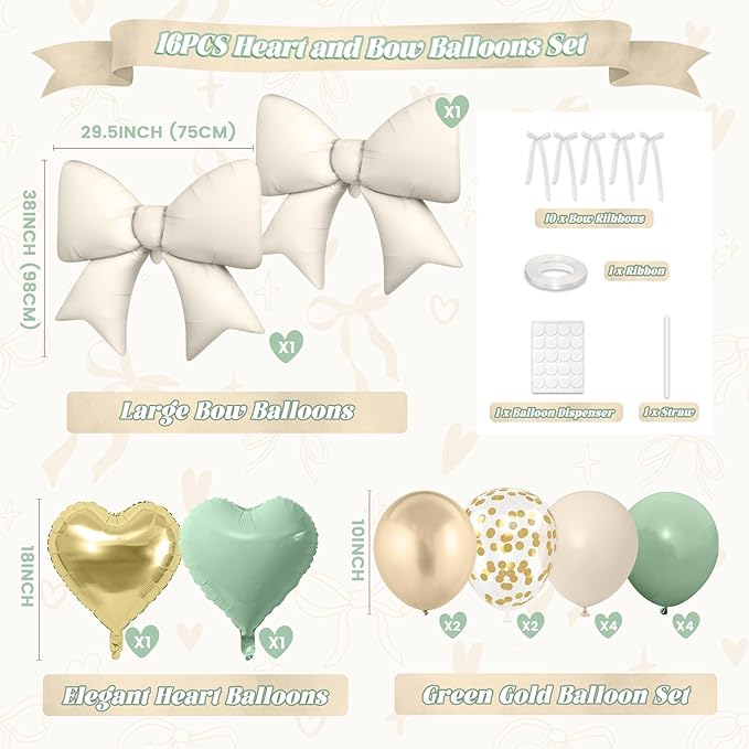 Sage Green and Gold Heart Balloons, 38 Inch Bow Balloons, Sage Green Sand White Champagne Gold Confetti Balloon and Bow Heart Shaped Foil Balloon for Birthday Wedding Baby Shower Valentines Decor