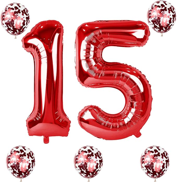 40 Inch 15 Foil Balloons - Number 15 Large Red Helium Balloons with Confetti, Self Inflating for Girls Boys Women Anniversary Party Decorations
