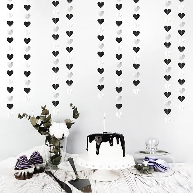 Black White-Silver Party-Decoration Heart Garland - 52ft 21st Men Birthday New Years Eve Hanging Backdrop Streamers,Graduation Engagement Wedding Bachelorette Banner Supplies Decor Lasting Surprise