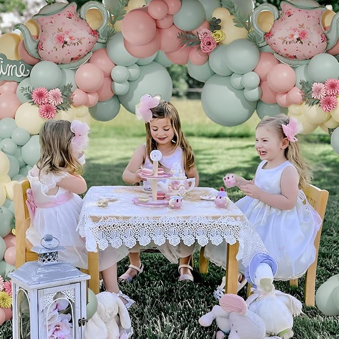 Tea Party Decorations 139pcs Pastel Tea Party Balloon Arch Garland Kit with Pink Green Teapot Mylar Balloon for Let's Par-Tea Girls Birthday Spring Garden Tea Party Decor (Tea Party)