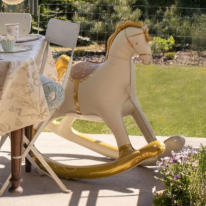 Inflatable Standing Rocking Horse Balloon PartyDeco 41.5x34 Inch, Large Horse-Shaped Air Balloons, Gold and White Foil Baby Shower Cowboy Decoration Gender Neutral Nursery or Party Decor