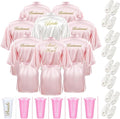 Bonuci 24 Pcs Bridesmaid Bride Robes Set of 8 Bridal Satin Robes Fluffy Slippers Drinking Cups for Wedding Bachelorette Party