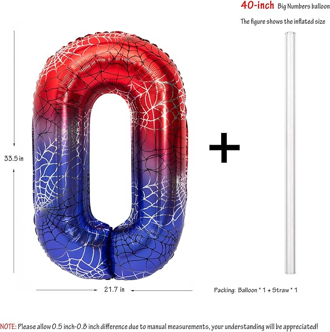 40 Inch Red and Blue Spider Theme Large Number 0 Balloon Giant Foil Birthday Balloon For Children's Birthday Spider Theme Party Decorations Baby Shower Decorations